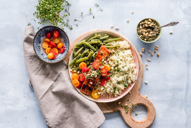  A plate of veggies and healthy food.