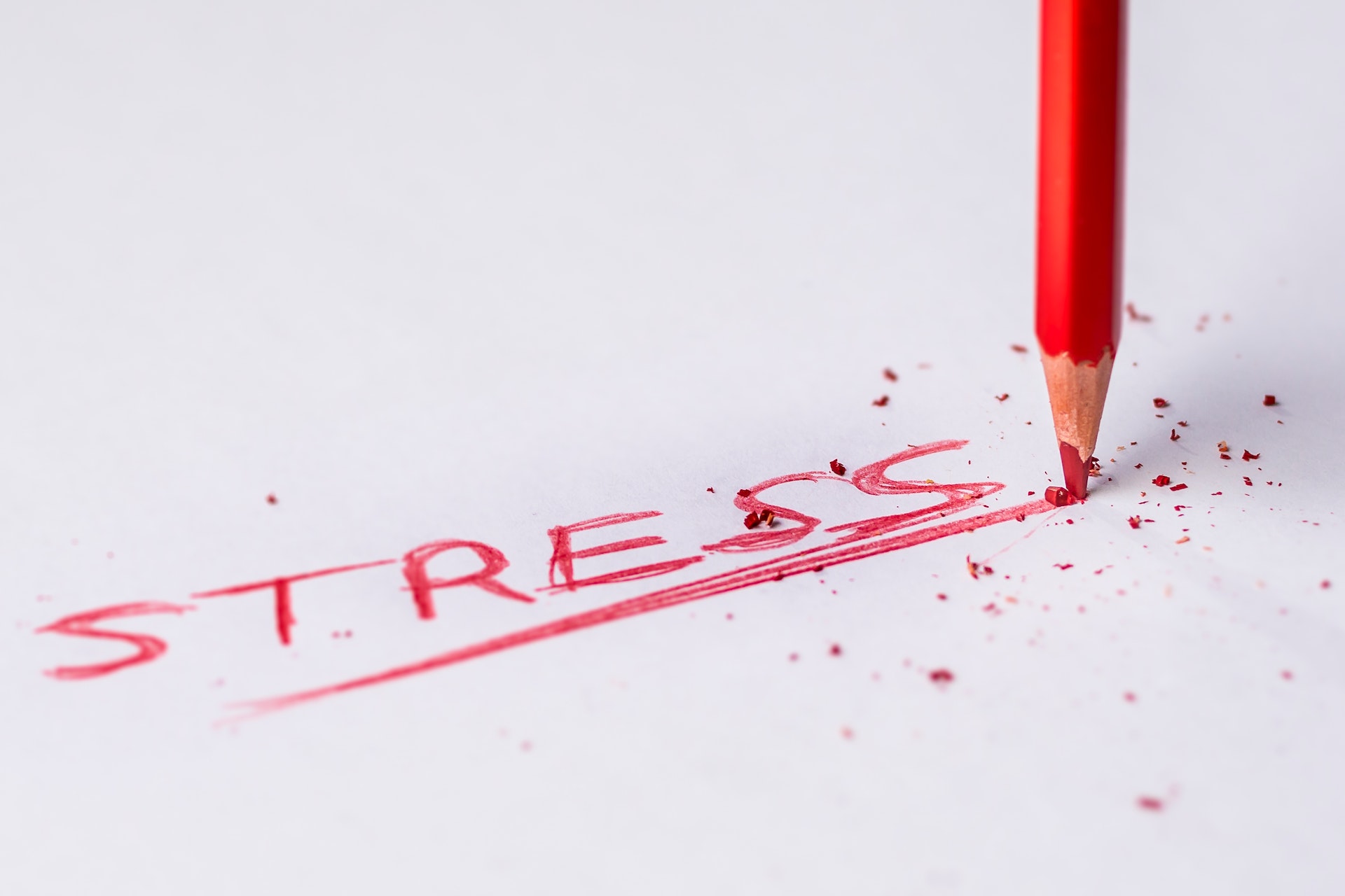 he word stress written in red colored pencil on a white piece of paper