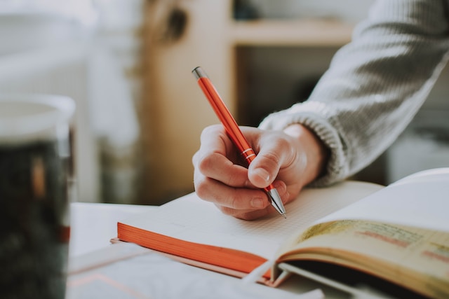 A person using a red pen to write in their journal